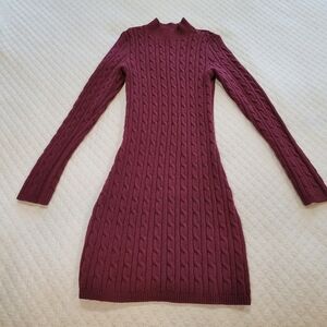 Hollister Maroon Cable Knit Sweater Dress Mock Neck Size Small Mini